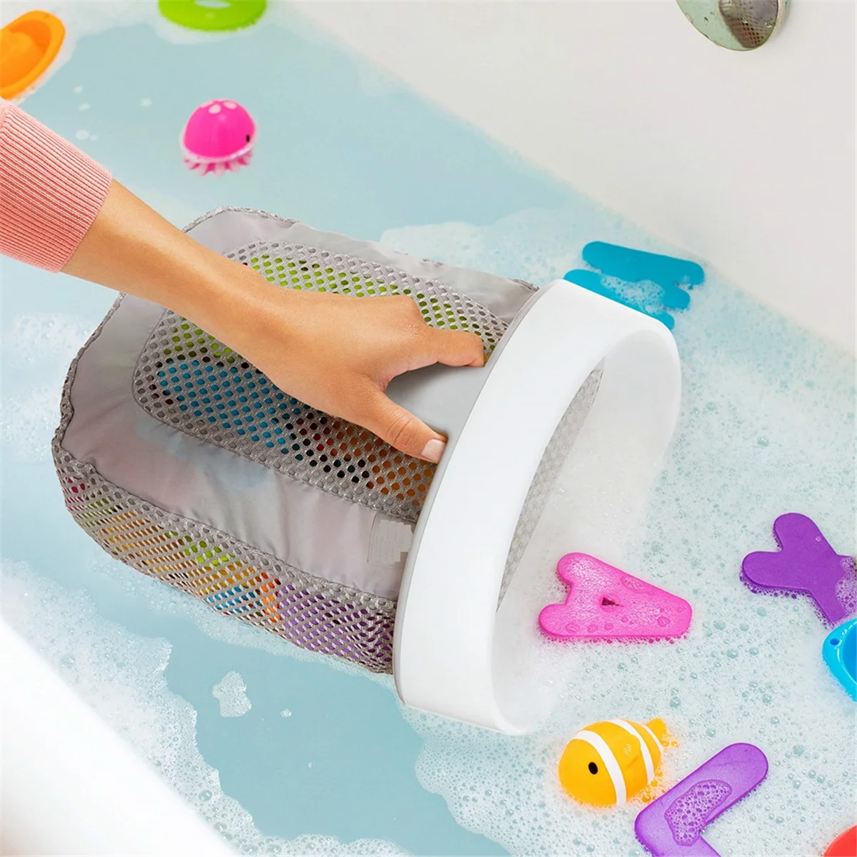 A013 Rangement pour jouets de bain suspendu avec maille à séchage rapide, blanc et gris