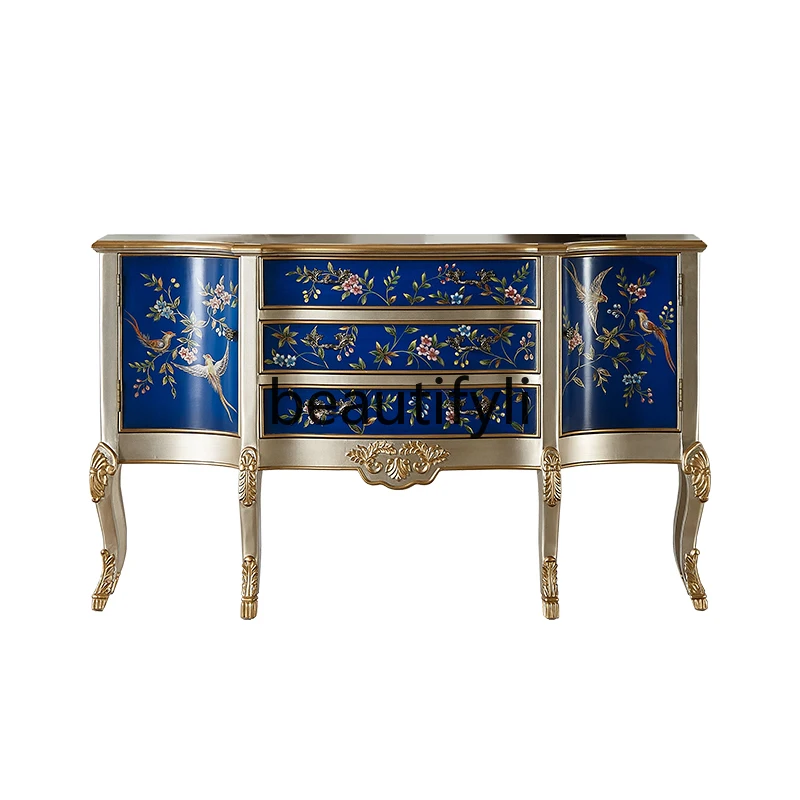 

European-style painted entrance dining side cabinet living room solid wood locker decorative cabinet light luxury furniture