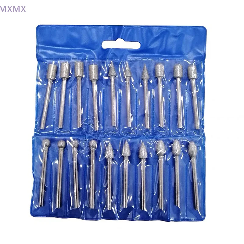 20 pz Teste di Rettifica Diamantate Mini Bit Per Utensile Trapano Rotante Bave Rettifica Accessori 3mm Gambo Kit di Strumenti Strumento Abrasivo