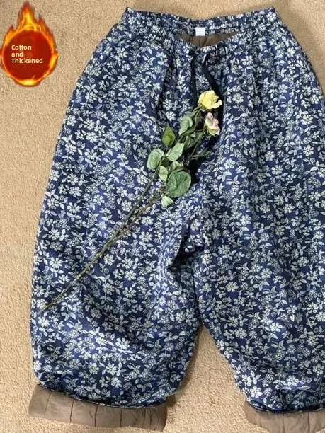 

Retro Print Winter Cotton Blend Wide Leg Pants Elastic Waist Dstring Casual Trousers Slimming Women's plus Size Jeans