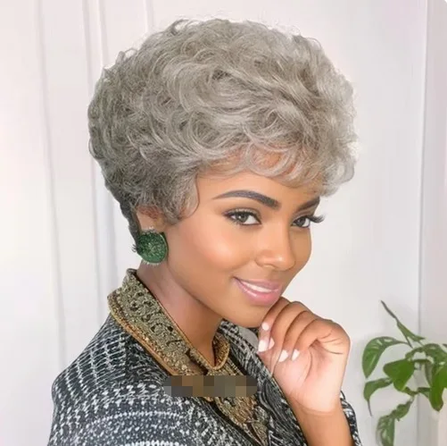 Perruque Synthétique Courte avec Frange pour Femme, Postiche Layered Curly Mommy, Cheveux Doux, Costume de Vieille Dame, Gris Ombré, Taille Moyenne