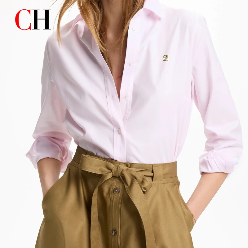 Camisa de Algodão Premium com Logo CH na Parte Esquerda do Peito para Mulheres, Confortável, Respirável e Resistente a Rugas para o Escritório e Uso Diário