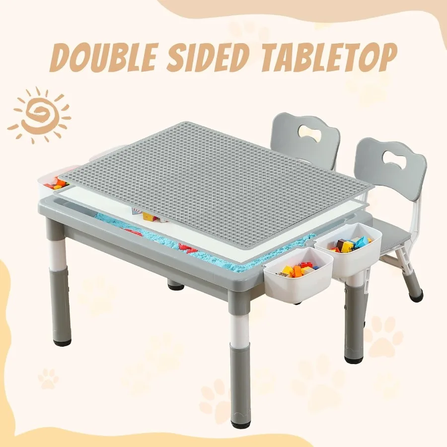 Multi Functional Table and 2 Chairs Set with Graffiti Building Blocks Double-Sided Tabletop Toddler Play Table Featuring Drawer