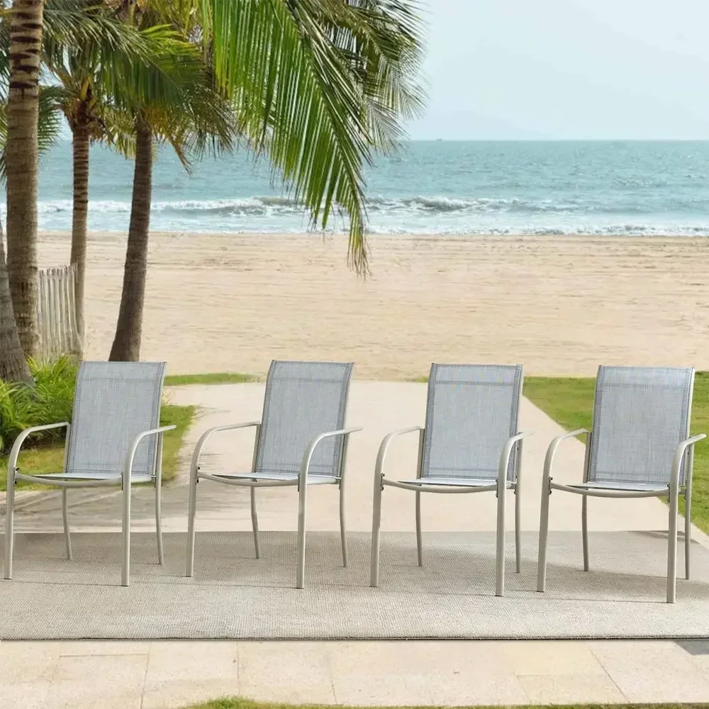 Stackable Outdoor Dining Chairs Set of 4, Beige Textilene Fabric, Ideal for Patio, Garden, Poolside, and Camping