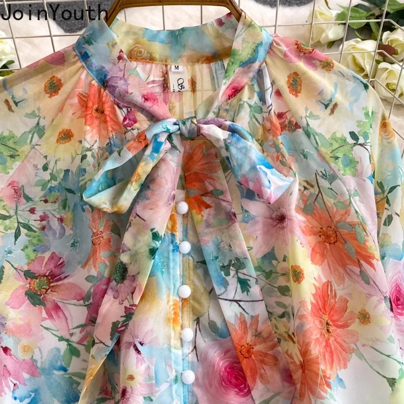 2024 Women Clothing Vintage Summer Short Suit Two Piece Sets Bandage Long Sleeve Blouse High Waist Wide Leg Pants Floral Outfits