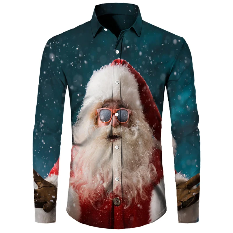 

2024 Mens Snowman 3D Printed Long Sleeve Shirt New Year Party Fashion Casual Shirt