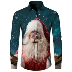 2024 Mens Snowman 3D Printed Long Sleeve Shirt New Year Party Fashion Casual Shirt