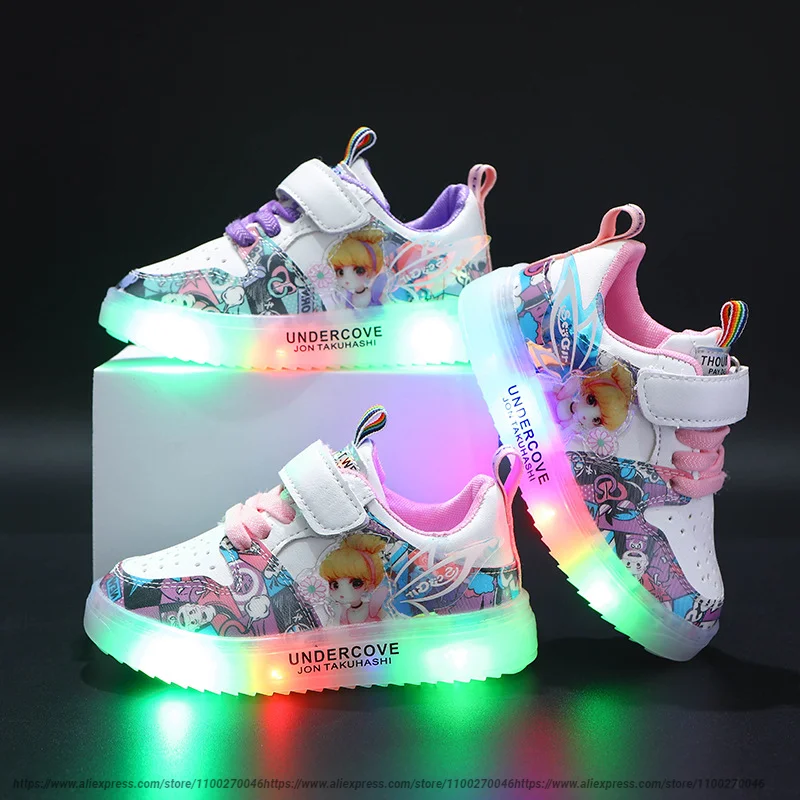 Disney Children\'s LED Light Shoes Sneakers Pu Girls Princess LED Light Children 1-6 Years Old White Pink Casual Sports Shoes