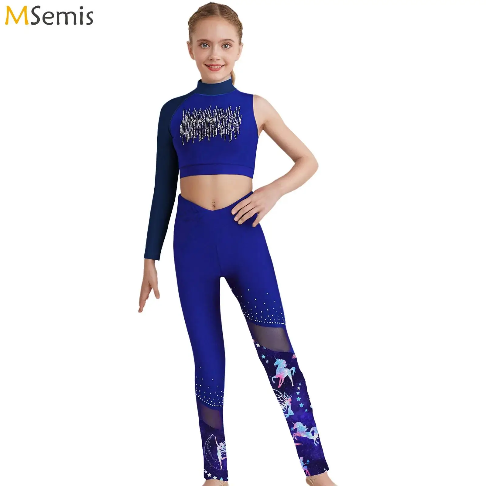 

Детский гимнастический спортивный костюм для девочек, танцевальные костюмы с блестками, одежда для балета и танцев, укороченный топ на бретелях, комплект спортивных леггинсов