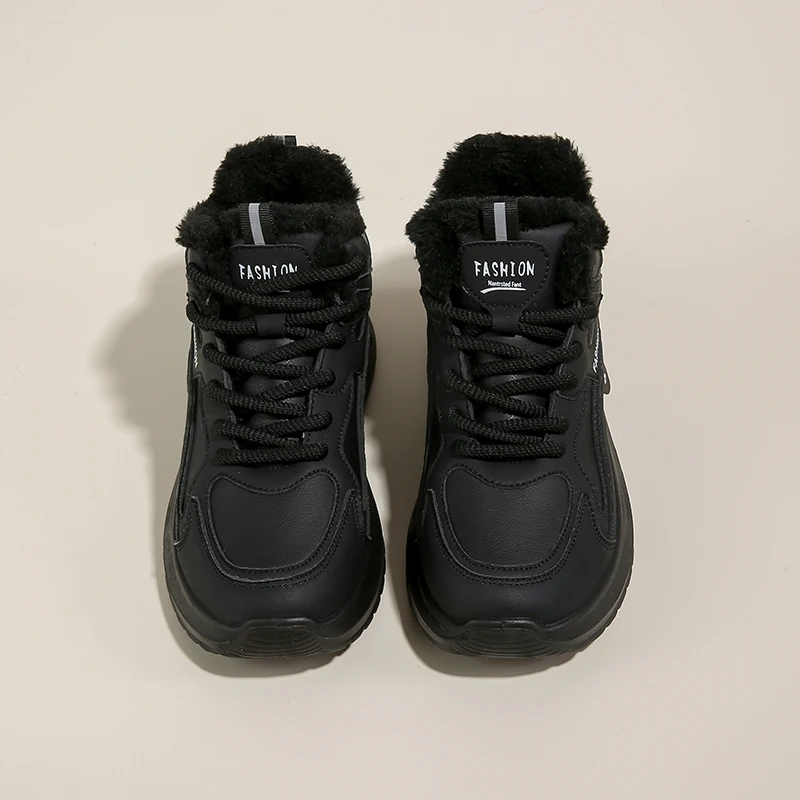CRLAYDK damskie zimowe grube trampki podszyte futrem PU skórzane buty na platformie Walking Casual Sport kostki Botas wysokie góry tenis