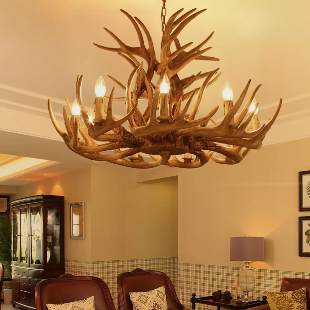 Retro Antler Chandelier Lighting  Resin Deer Horn Pendant Lamp for Restaurant Living Room Hotel Shop Dining Table Hanging Lamp