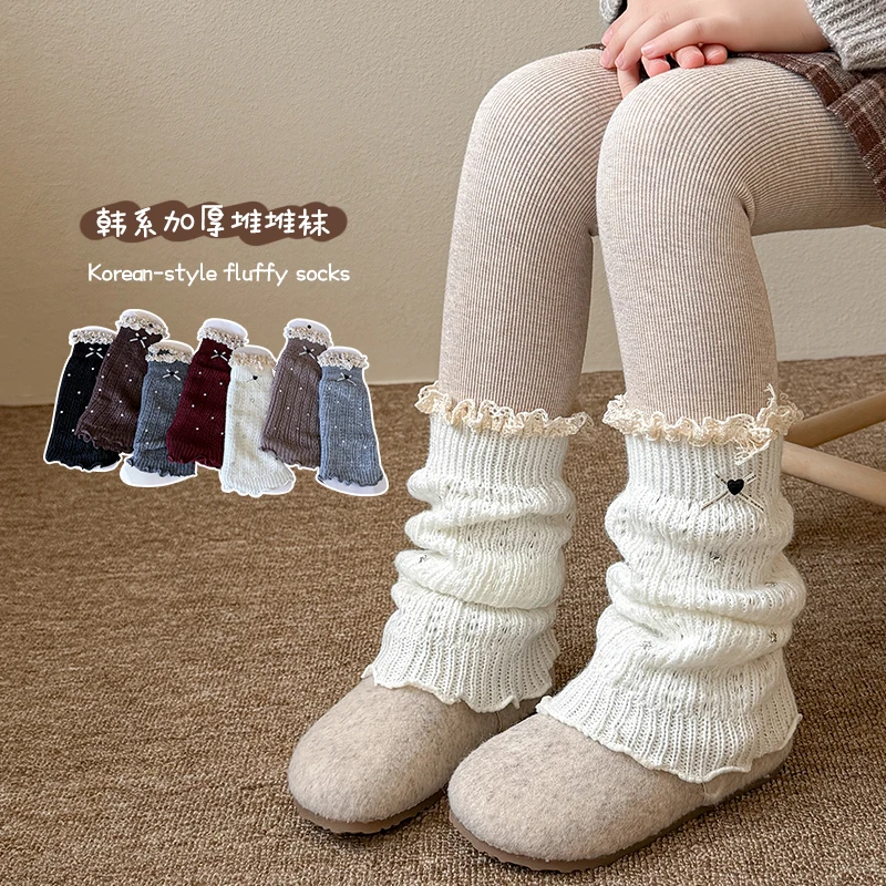 Sweet Girls Thick Knitted Leg Covers Soft Wool Yarn Fabric Heart Bow All Over Glitter Mini Stars Lace Trim Stretchy Sock Sleeves