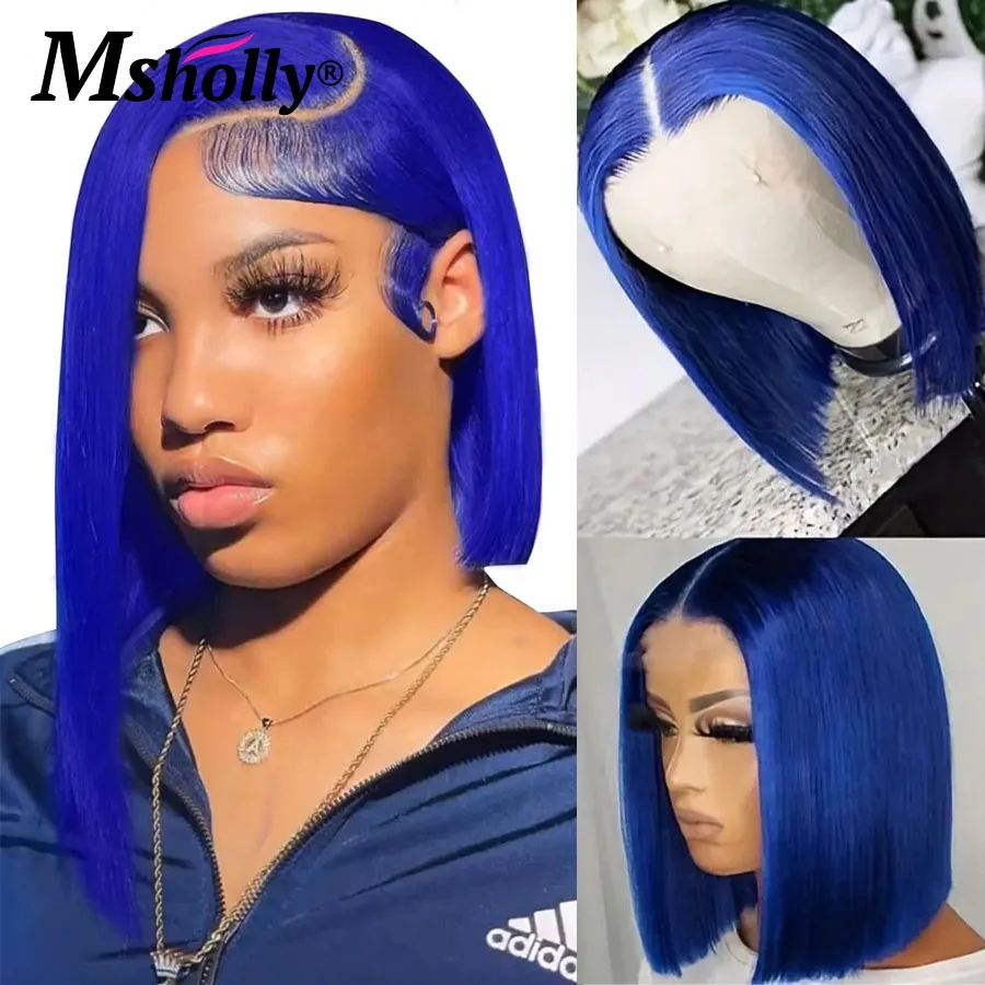 Pelucas de cabello humano 100% para mujeres negras, pelo corto recto brasileño con encaje Frontal transparente, color azul zafiro, 13x4