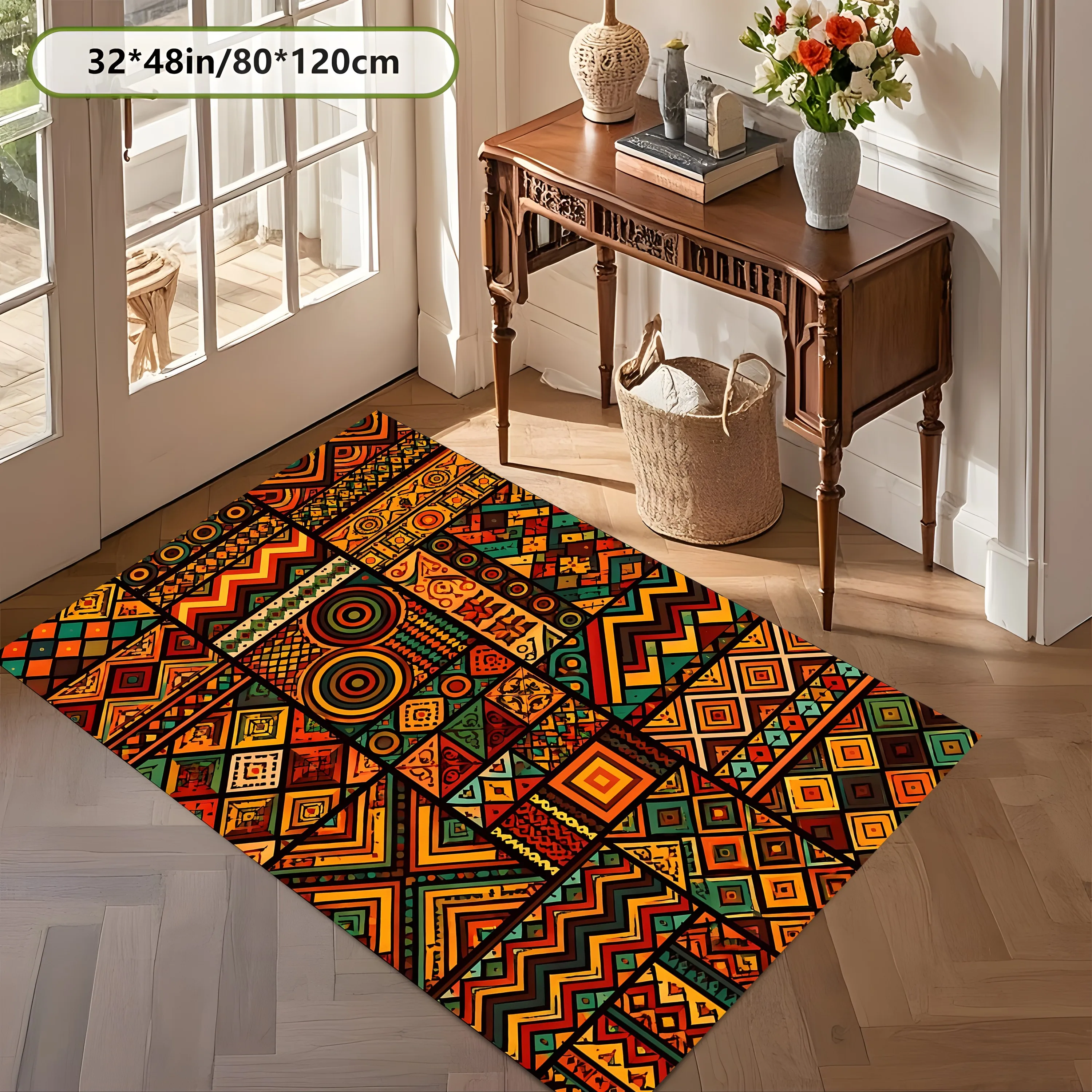 2D Carpet with Ethnic Geometric Patchwork Pattern in Retro Exotic Style for Living Room and Bedroom