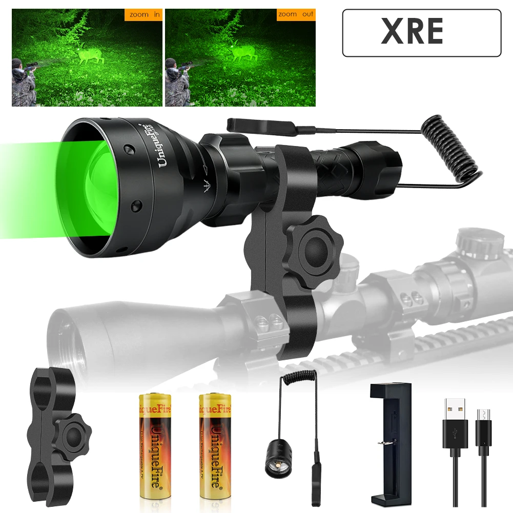 

UniqueFire 1405 XRE LED Flashlight Green Light 3 Modes Adjustable Waterproof Full Set Outdoor Torch for Hunting Night Fishing