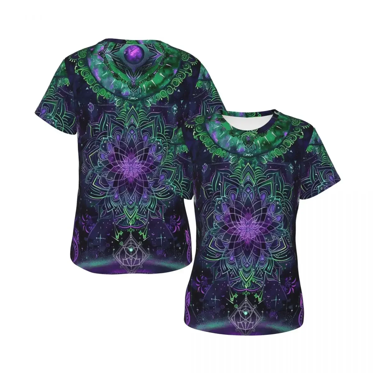 Retro Celestial Neon Glow With Astrological Symbols And Starry Night Design T-Shirt for Women O-Neck Streetwear