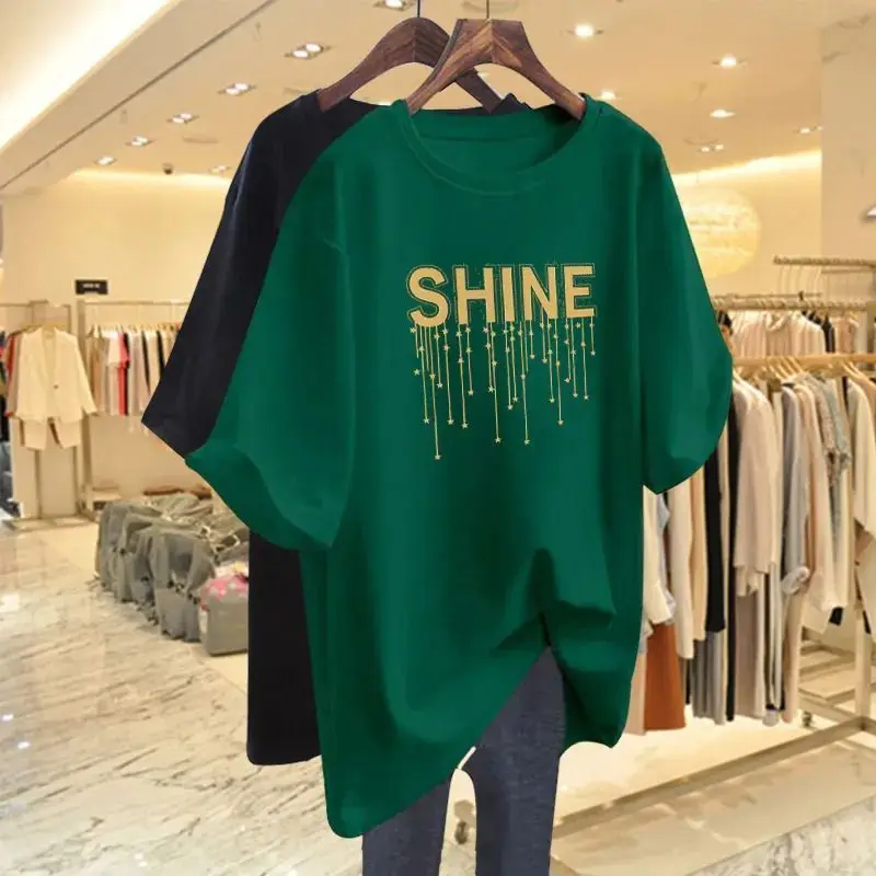 

Summer Letter Chic Printed Casual Simple Pullover Lady Pure Cotton Short Sleeve Tops Women Crew Neck Basics Loose T-shirt