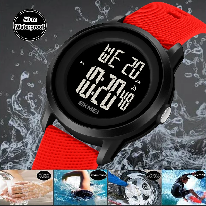 Skmei Women\'s Wristwatch Fashion Silicone Strap 50M Waterproof Swimming Sports Stopwatch LED Light Digital Ladies Watches