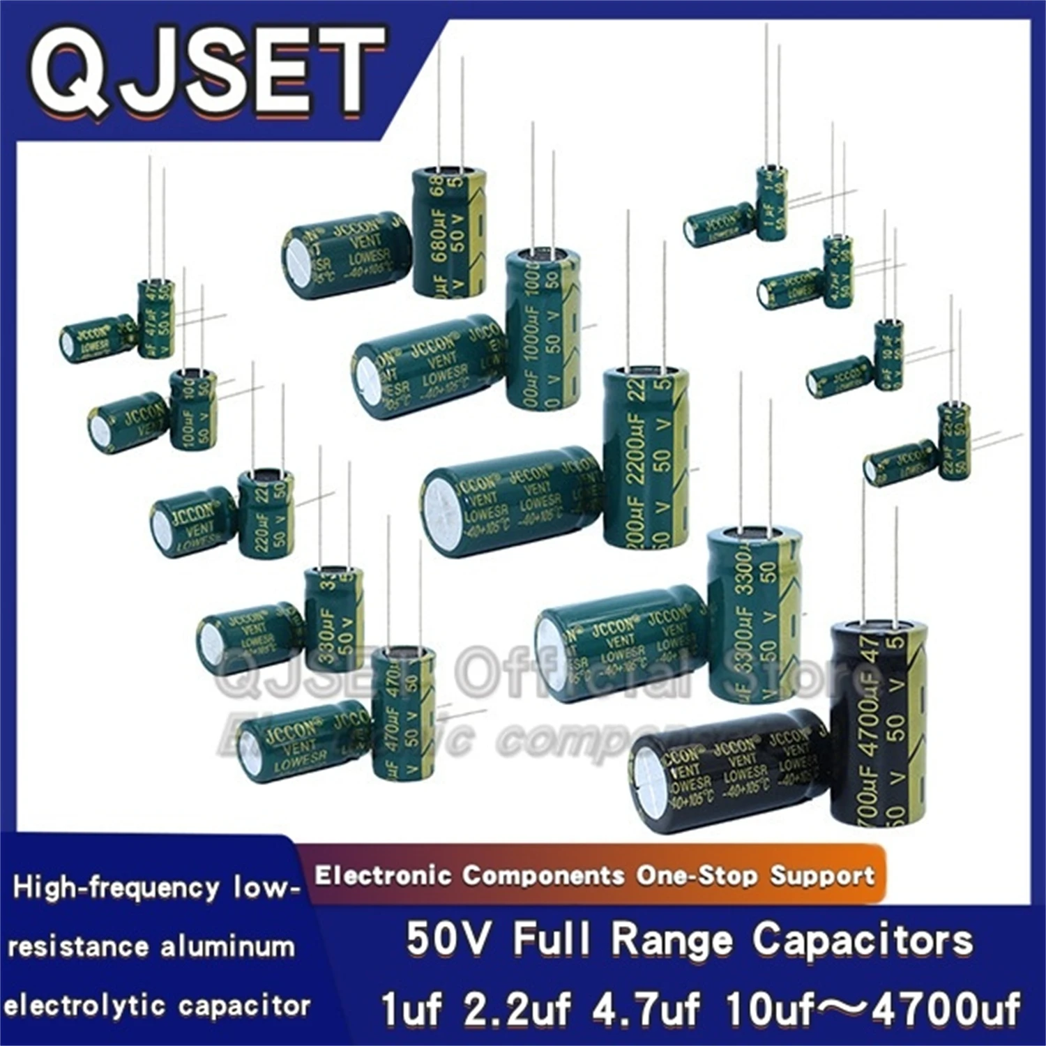 JCCON 50V 1 2.2 4.7 10 22 47 220 330 470 680 1000 2200 3300 4700 6800 فائق التوهج 50V100uf موائم مصدر تيار المكثفات عالية التردد