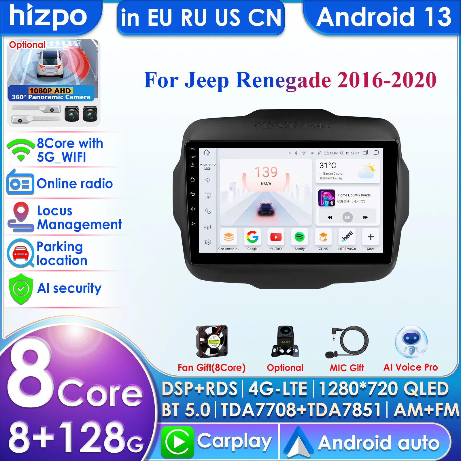 Car Radio Android Auto CarPlay For Jeep Renegade 2016 2017 2018 2019 2020 Video Multimedia Player WIFI 2din Navigation 2 din GPS