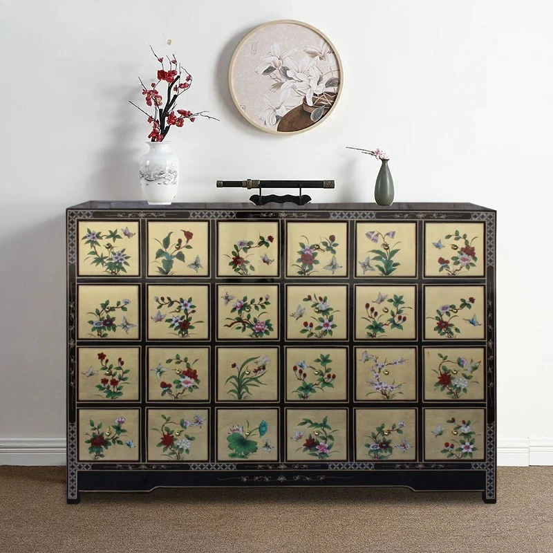 

Modern New Chinese Solid Wood Gold Foil Bucket Cabinet Multifunctional Drawer Locker