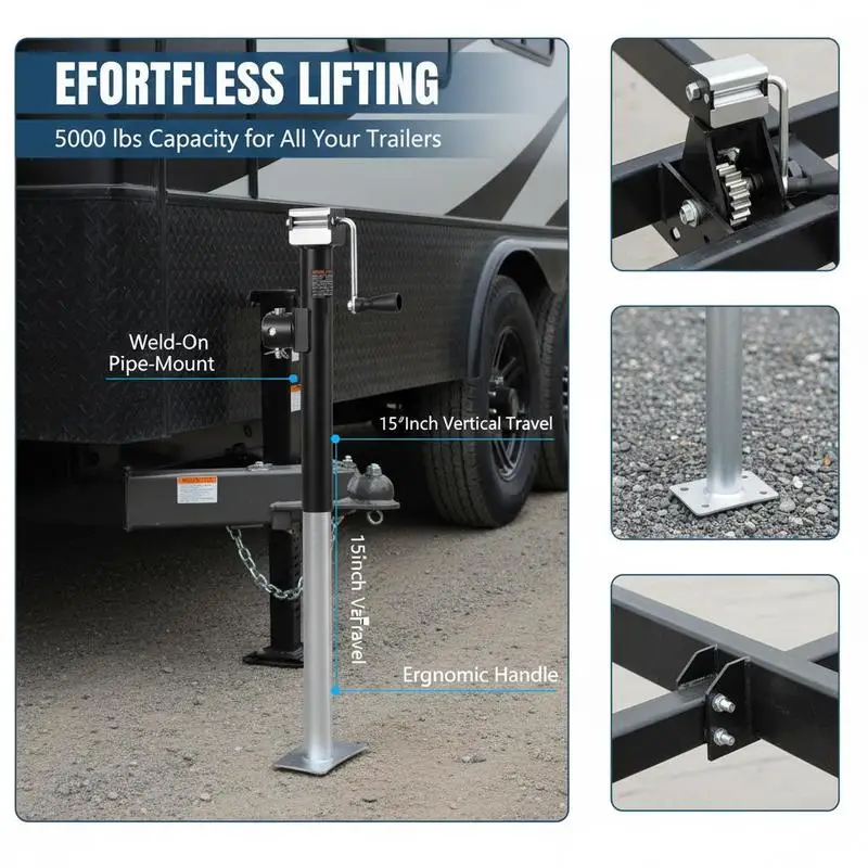 Pipe-Mount Swivel Support Leg 15-inch Vertical Travel For RV Horse Utility Trailer 5000 lbs Dynamic Load Capacity Ergonomic Handle Lift Manual Crank Adjustment view 7
