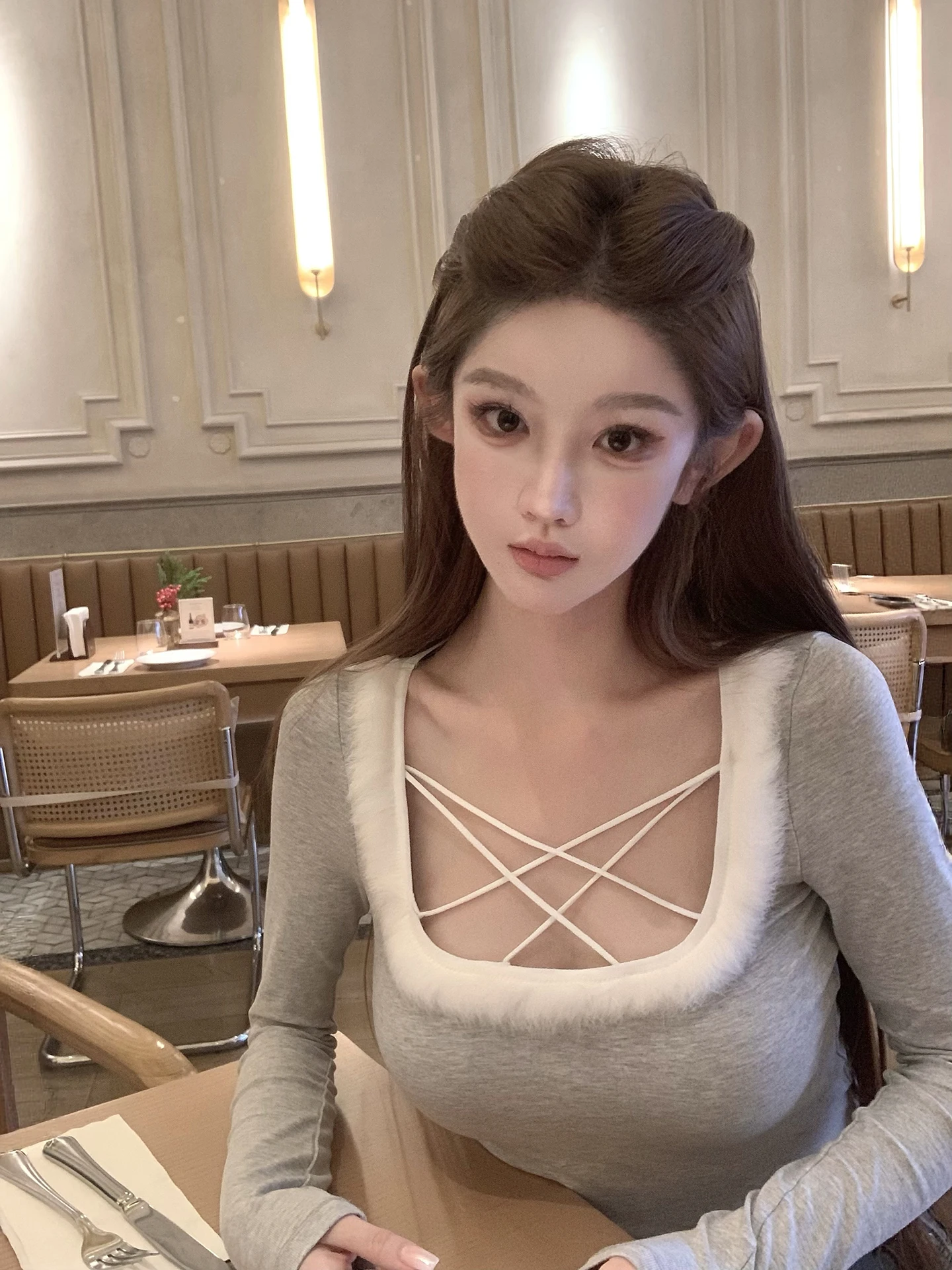 

Joey Chic Rabbit Fur Long Sve U-Ne Knitted Top Women's Base Layer Cross Design Ultra-Thin Winter Faion Ladies' Knitwear