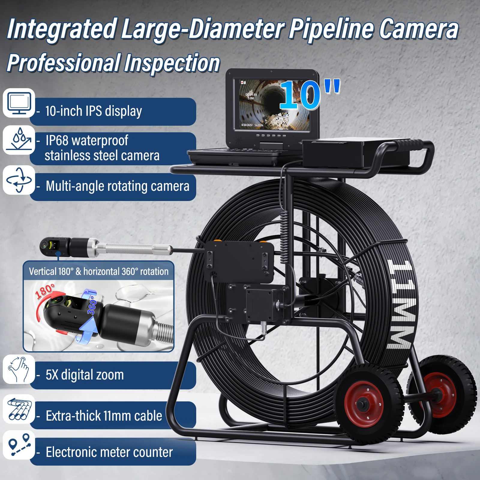 10″ IPS Sewer Pipe Inspection Camera 360 Rotating Camera Diameter ø11MM+512HZ Transmitter Locator+Meter Counter+Keyboard