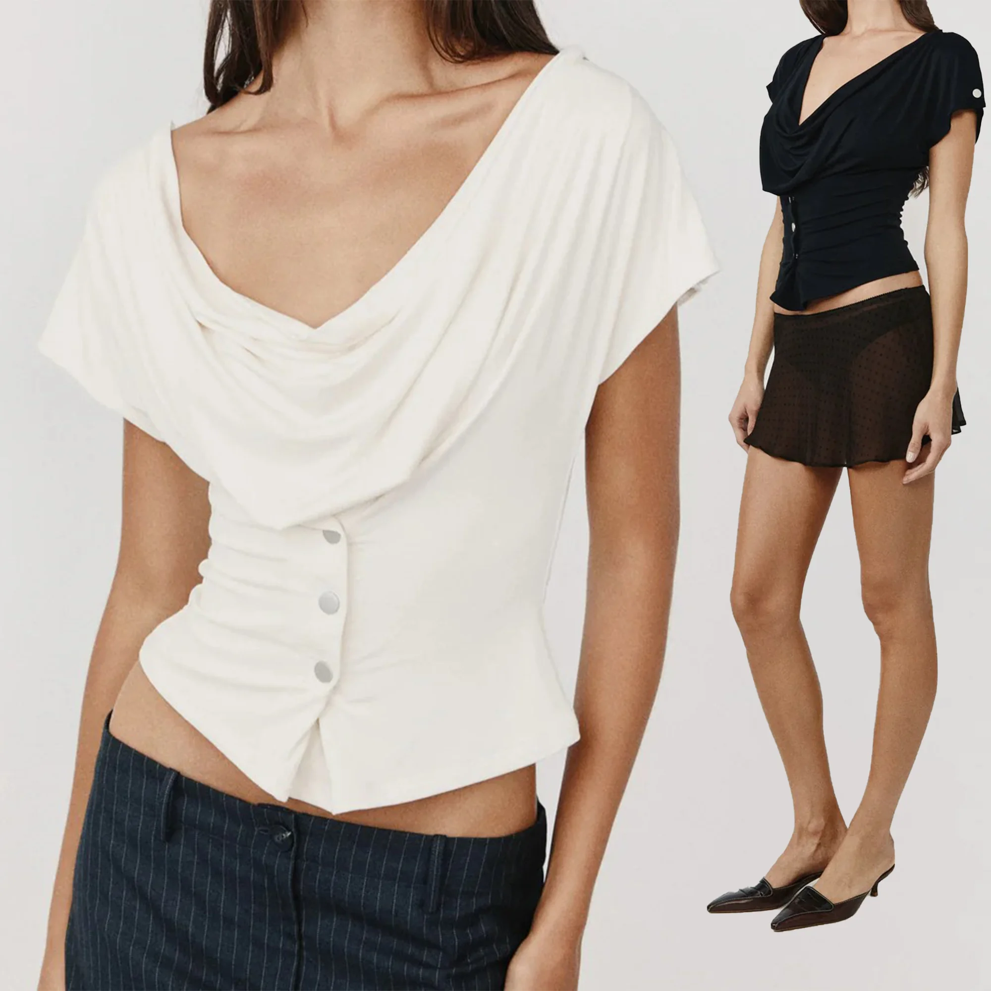 Wj Swing-Collar Waist-Cinching Short Top, Off-Shoulder Buttoned Ruched Slim-Fit Hot Girl Short-Sleeve T-Shirt, V-Neck One-Shoulder Top, Single-Row Button Waist-Cinching Slim-Fit Short Tight-Fitting Top