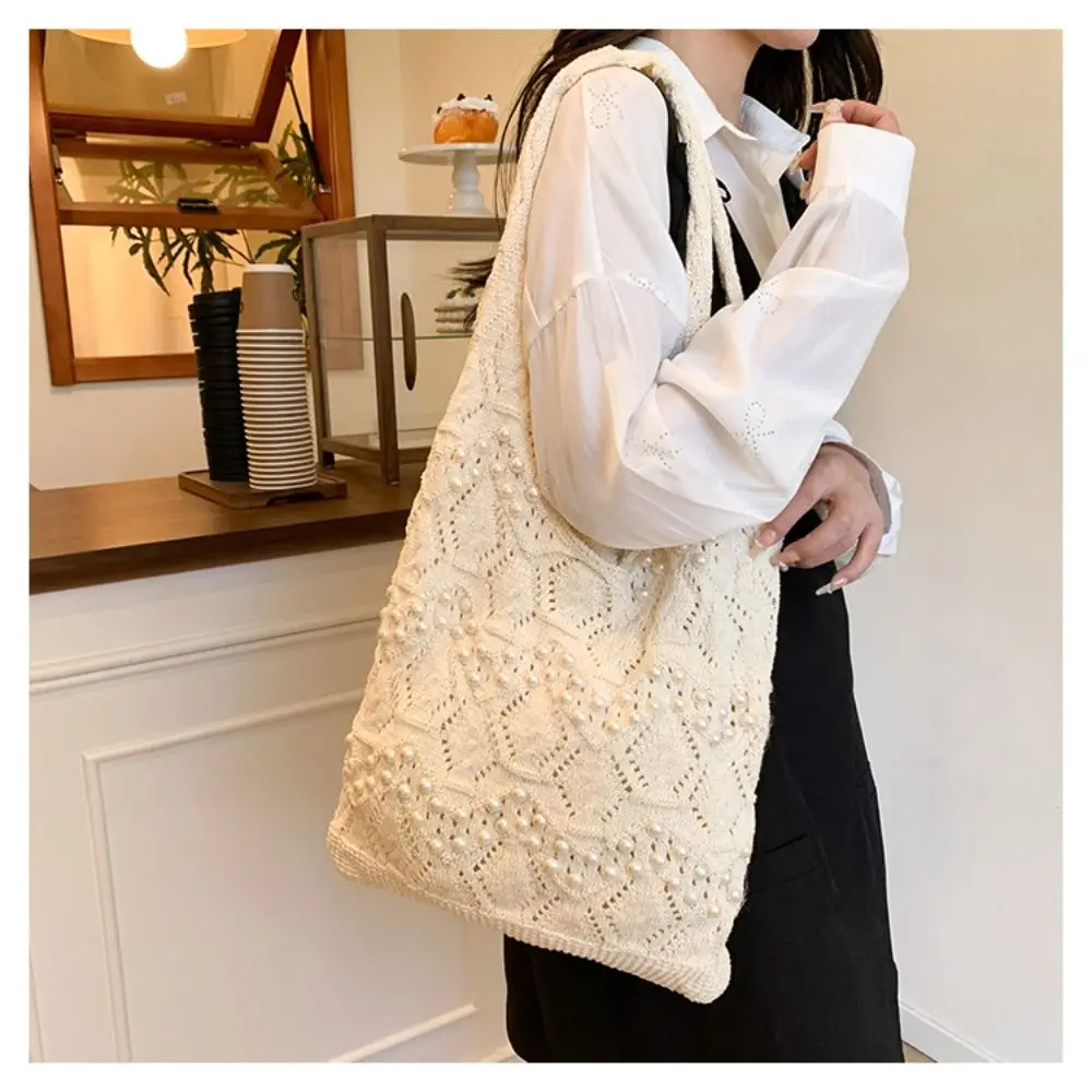 

Hollow Out Women Knitting Shoulder Bag Beaded Decoration Large Capacity Casual Crochet Bag Soft Spacious Beach Tote Bag