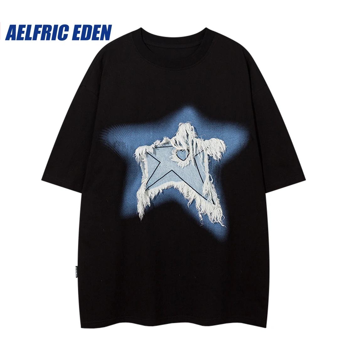 Aelfric Eden Denim Patchwork Star Tshirt 2023 Men Hip Hop Streetwear Punk T Shirt Fashion Y2K Harajuku Cotton Loose Tee Shirts