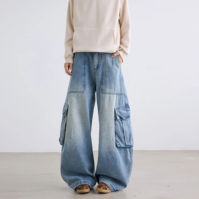 

Korean Style Men's Denim Trousers Solid Color Patchwork New Autumn Pants Wide Leg Side Pocket Male Jeans Simple