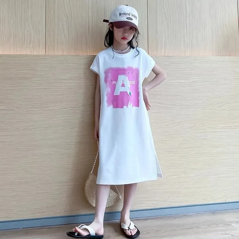 

Girls' loose casual dress summer mid to large children's short sleeved straight tube T-shirt dress