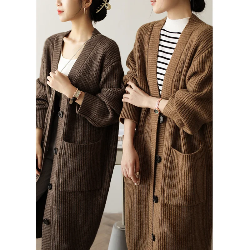 

Foreign air pocket over knee long cashmere cardigan women autumn winter Korean version of sweater coat loose wool overcoat