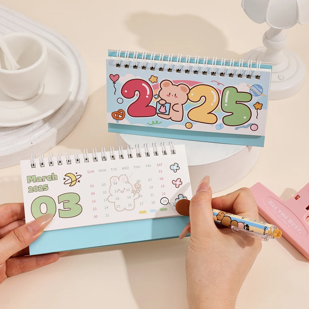 1 pc 2025 Cute Cartoon Monthly Desk Calendar Standing Flip Coil Desktop Calendar With Notes Memo For Planning Schedule School