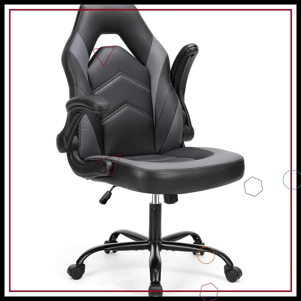 Ergonomischer Gaming-Bürostuhl mit hochklappbaren Armlehnen, höhenverstellbarer Drehstuhl aus PU-Leder mit 360° °   Räder, Grau