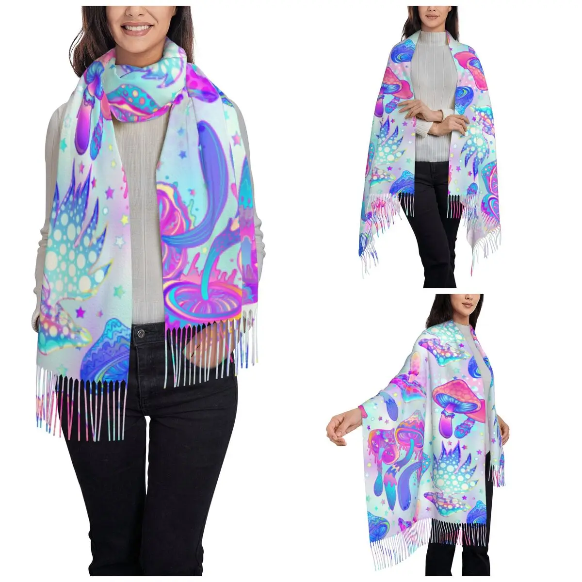 Psychedelic Mushrooms Scarf for Womens Winter Warm Pashmina Shawl Wrap Hippie Single-sided Pattern Scarves with Tassel