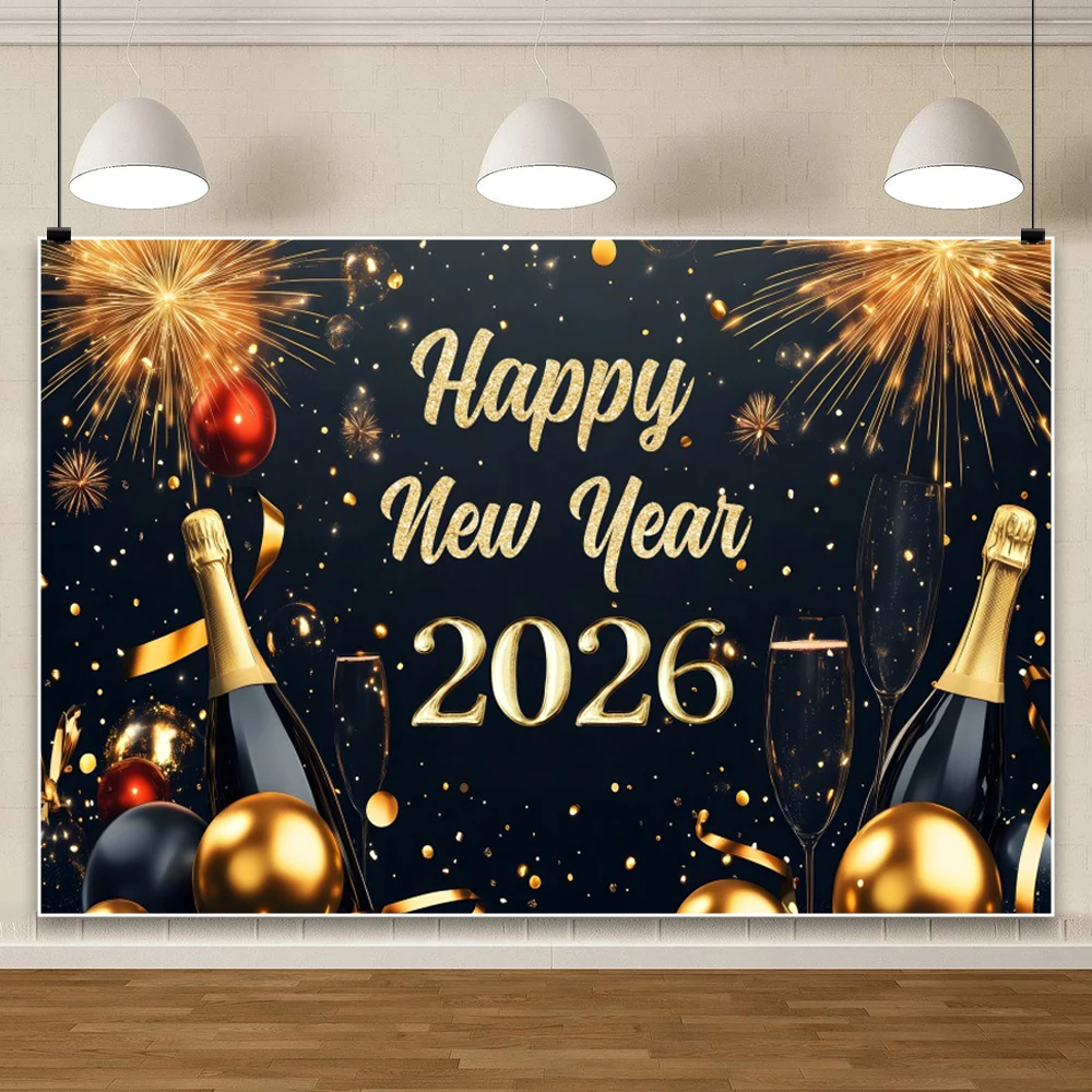 2026 New Year Party Celebration Shooting Backdrop Golden Balloons Champagne Glitter Lights Cheers Family Portrait Backgrounds
