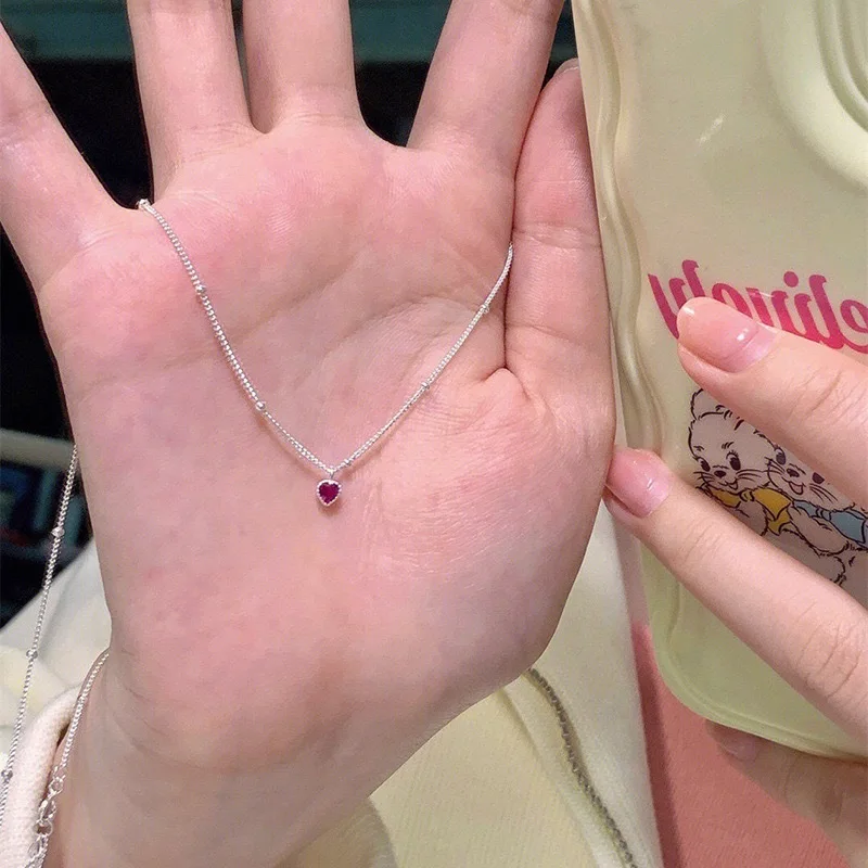 Silver Color Necklace Pendant For Women Jewelry Love Necklace Small Mini Red Heart Pendant Simple Heart Shaped Collar
