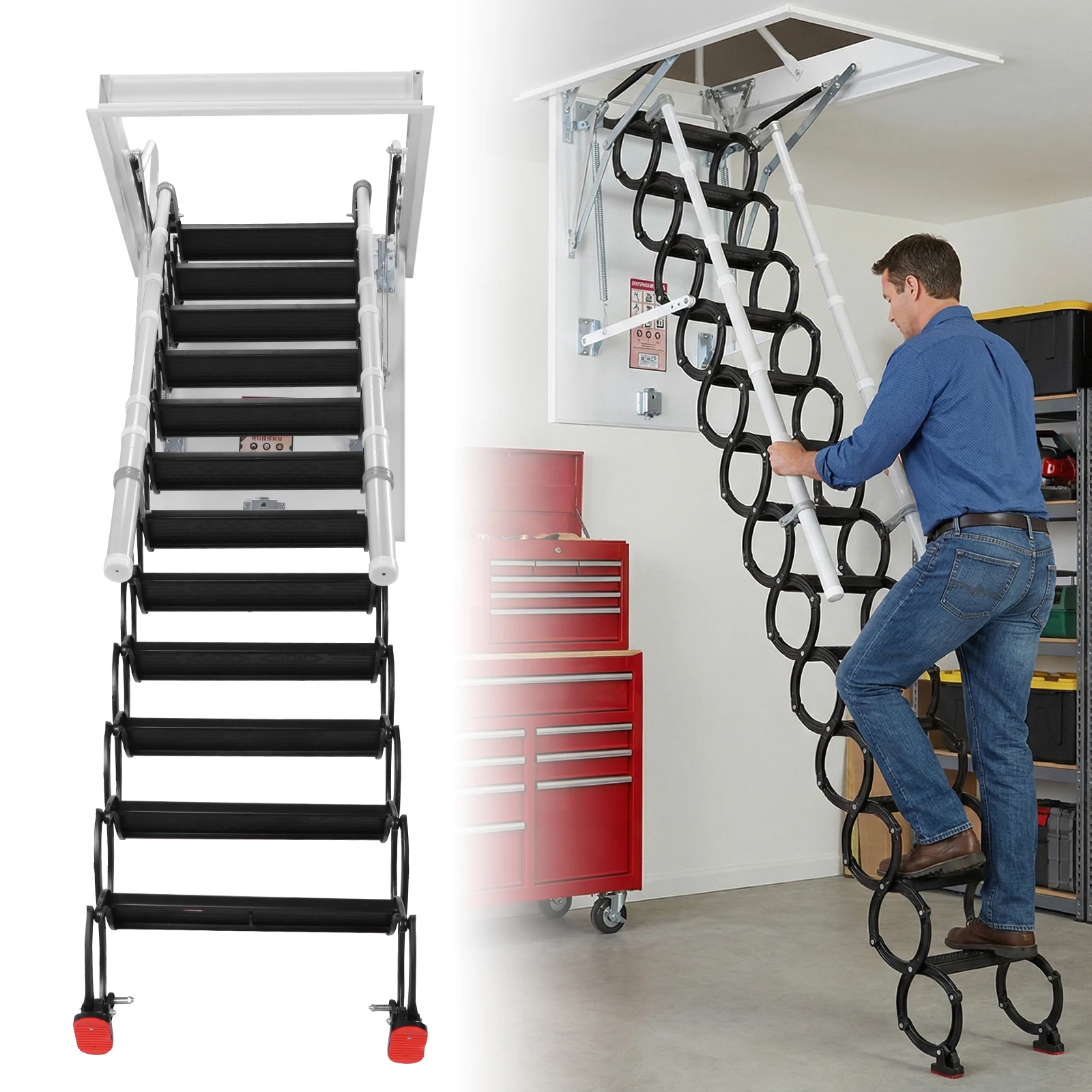 

Ceiling Mounted 12 Steps Attic Ladder with Handrails 660LBS Capacity Thickened Steel Lift Staircase for Garages Roofs Basements