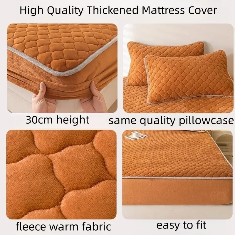 Super Thick Fleece Warm Mattress Cover All-inclusive Fluffy Quilted Fitted Bed Sheet Solid Color Mattress Protector for Winter