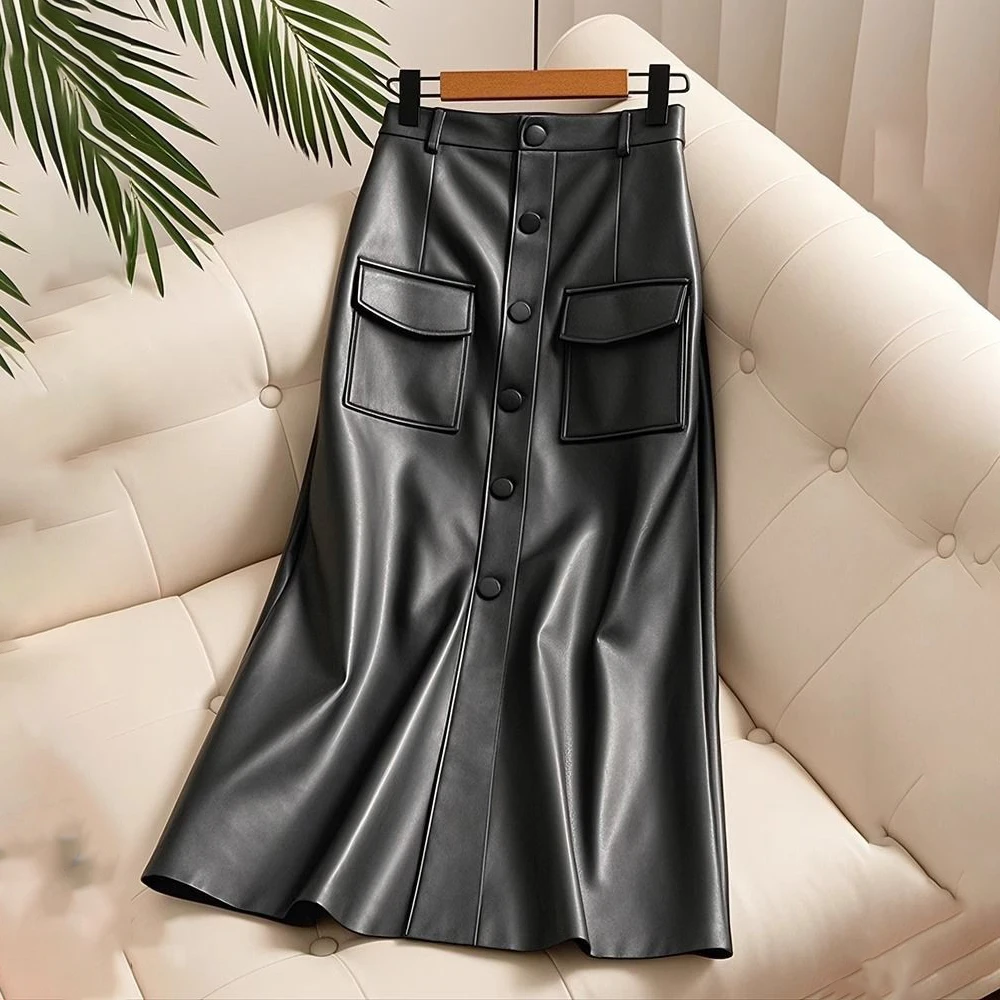 

Medium to long leather skirt for women, 2024 autumn and winter new high waisted umbrella buttocks A-line large swing skirt