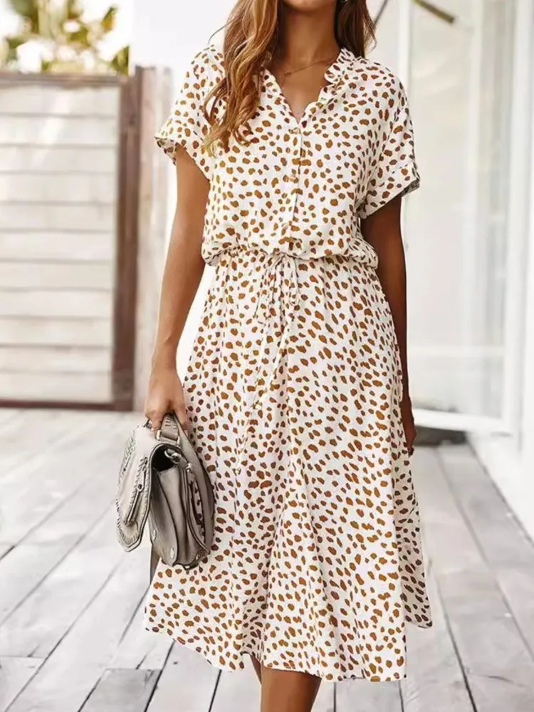 

Elegant Polka Dot Print Dress Lady Casual Short Sleeve V Neck High Waist Loose Dresses For Women Fashion Holiday Womens Clothing