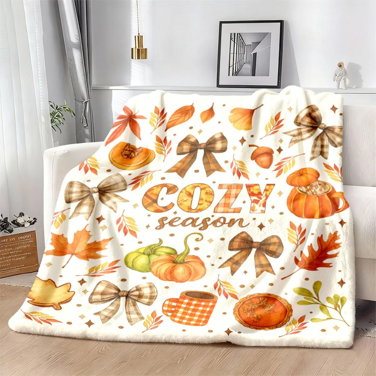 1pc Autumn Harvest Flannel Throw Blanket with Bowknots Soft, Cozy Brown & Beige Plaid Design Featuring Pumpkins, Leaves, and Grains Perfect for Bed, Sofa, or Chair Machine Washable, AllSea