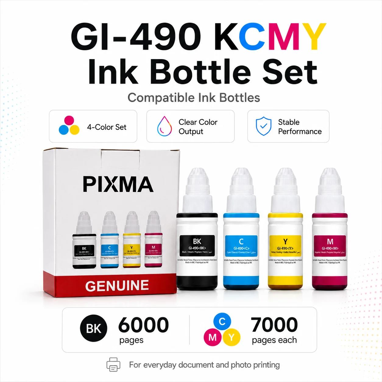 

PIXMA GI-490 KCMY Ink Bottle Set Compatible Refill Ink for Canon Printer 4 Color BK C M Y High Yield Replacement Ink