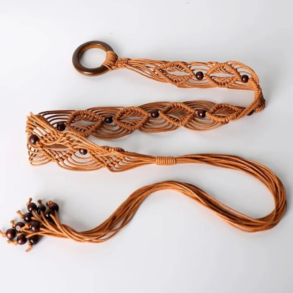 Wax Rope Female Waist Rope Bohemian Style Wood Bead Decors Waist Belt Handmade Exquisite Ethnic Style Waist Chain for Women