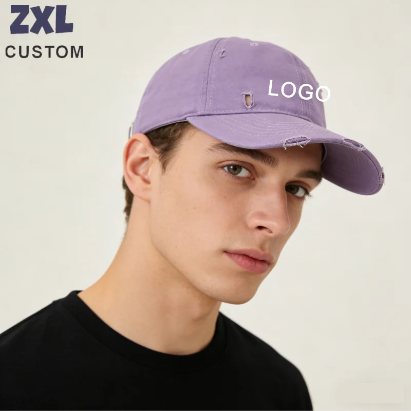 Six-piece Premium Washed Cotton Ripped Cap Street Fashion  Hat Customized Embroidery Printing Logo Multiple Colors Available
