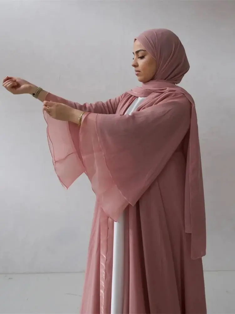 Eid Organza Chiffon Double-sided Wear Kimono Abaya Dubai Muslim Modest African Dresses For Women Kebaya Kaftan Islam Robe Femme