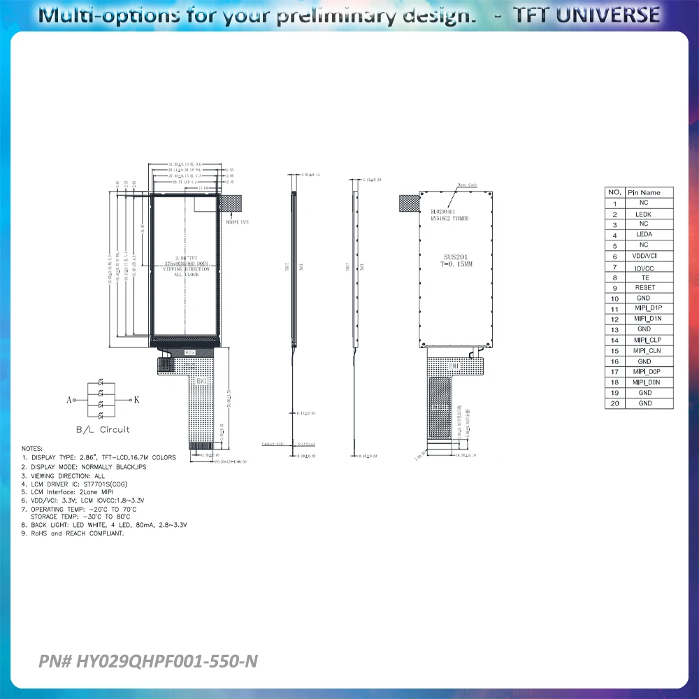 Tela LCD TFT de 2,9 polegadas 376x960 ST7701S 4 Lane MIPI IPS Alto Brilho 550 lêndeas Painel Compacto de Longa Vida