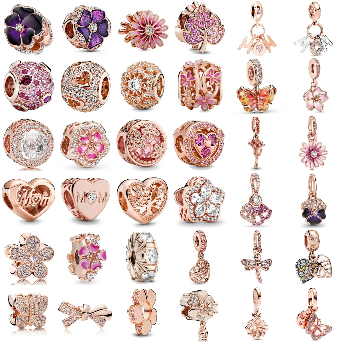 Nueva Plata de Ley 925, oro rosa, mariposa, flor, libélula, caja de regalo, abalorio compatible con Pulsera Original, accesorios, joyería para mujer